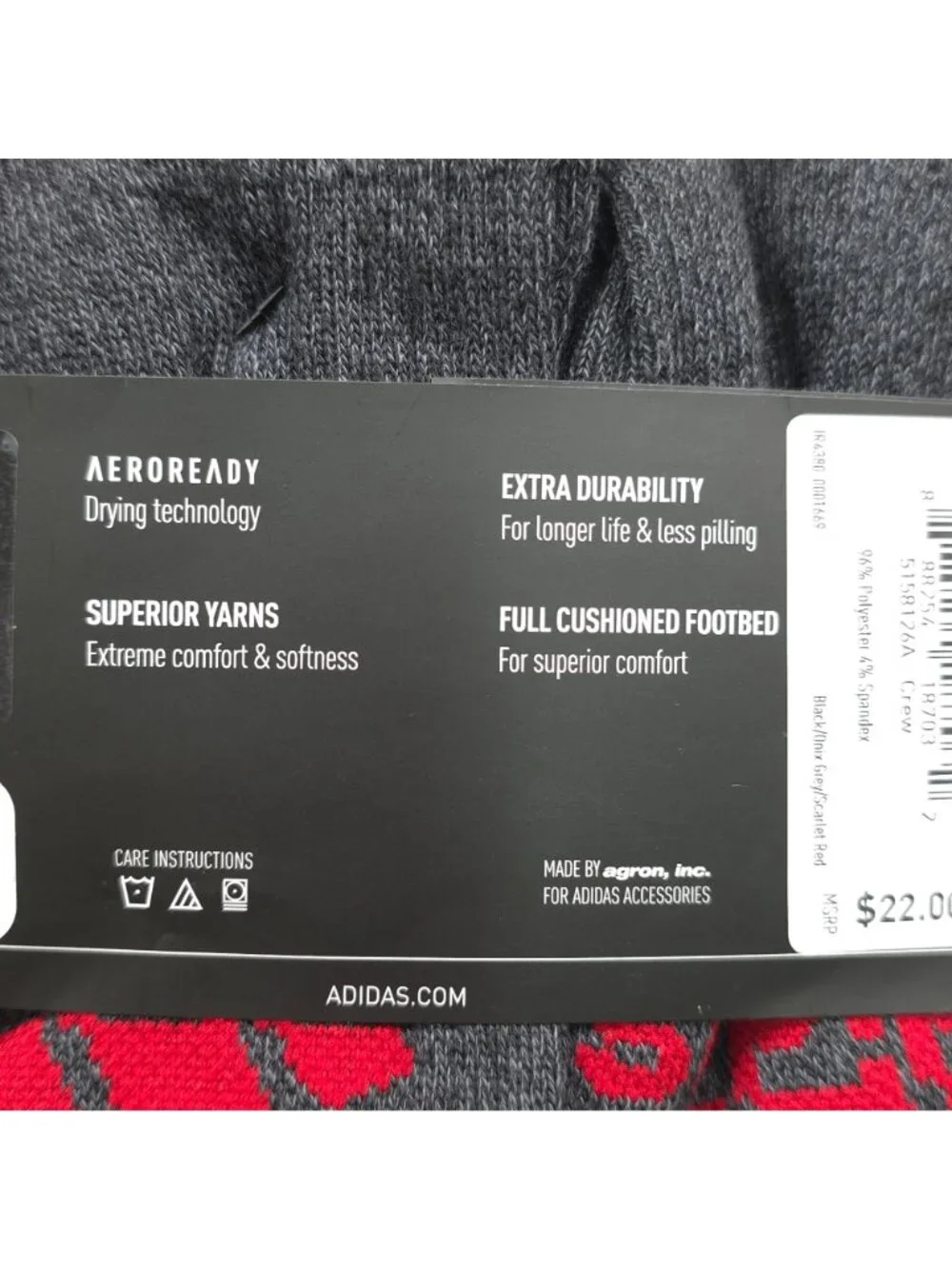 Adidas Mens Cushioned AEROREADY Crew Socks 6-Pack Black Grey Red Shoe Size 6-12